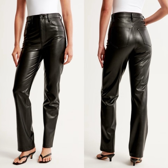 Abercrombie & Fitch 90’s Straight Ultra High Rise Pants Black Vegan Leather 14 - Picture 1 of 11